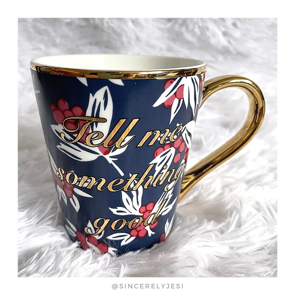 Draper James ▪ Grace & Charm Blue Pink Gold Floral "Tell Me Something Good" Mug